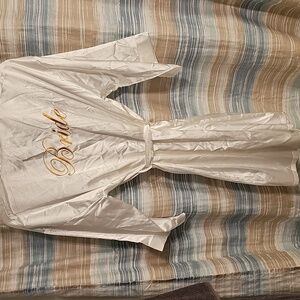 Elegant White Satin "Bride" Gold Embroidered Long Sleeve Robe